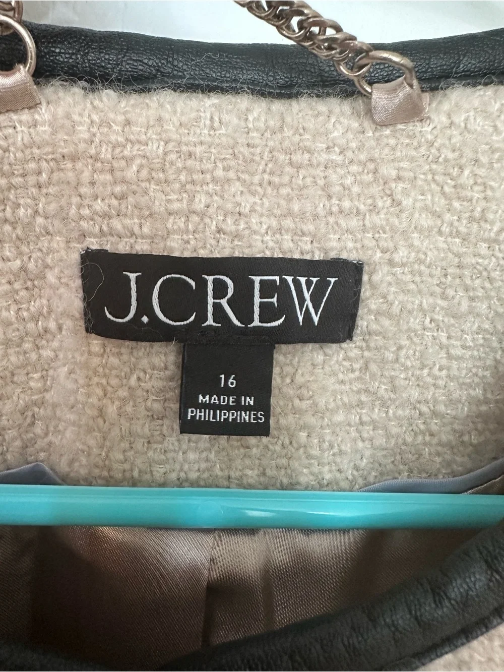 J.Crew Tweed Wool Blend Cropped Jacket Blazer Beige GoldButton with Leather trim